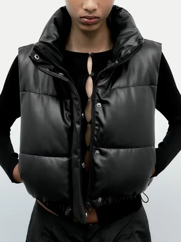 flowersverse Drawstring Elasticity Solid Color Split-Joint Zipper Skinny Sleeveless Stand Collar Padded Vest