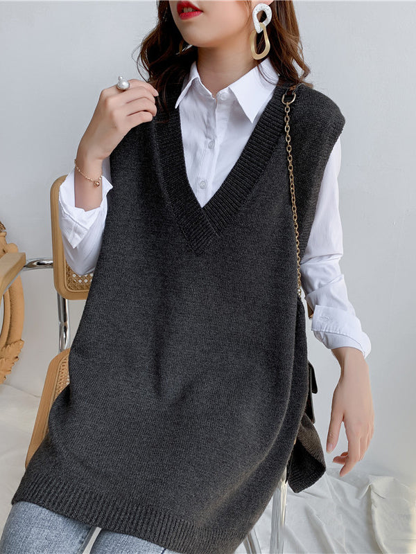 flowersverse Trendy Sleeveless Split-Side Solid Color V-Neck Knitted Vest