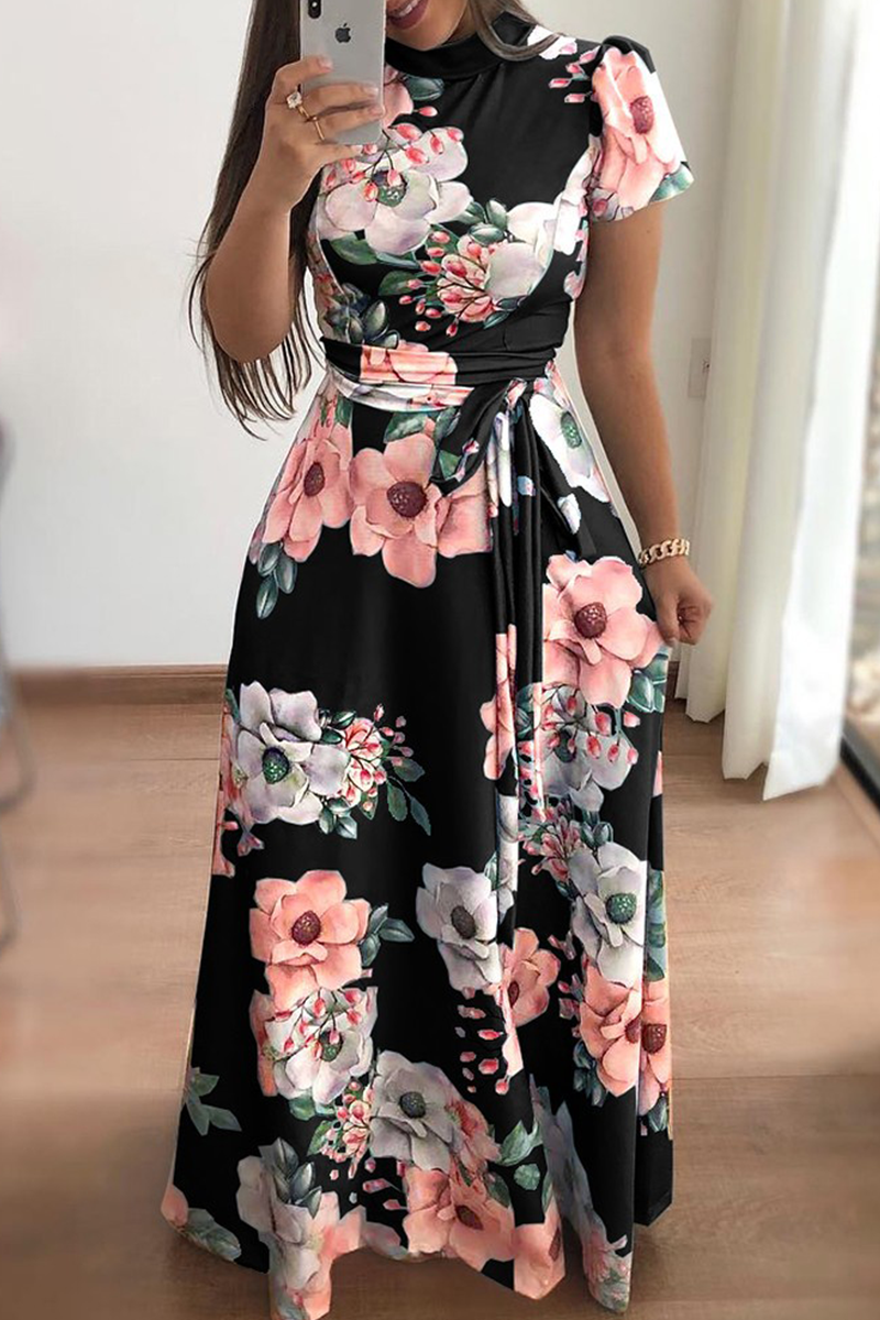 flowersverse Casual Print Half A Turtleneck Waist Skirt Dresses(3 Colors)