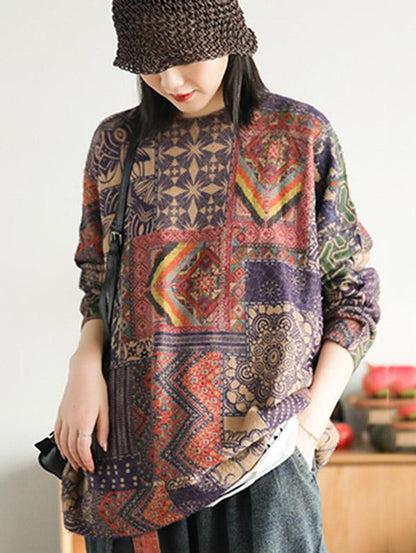 flowersverse Ethnic Style Round Neck Print Sweater