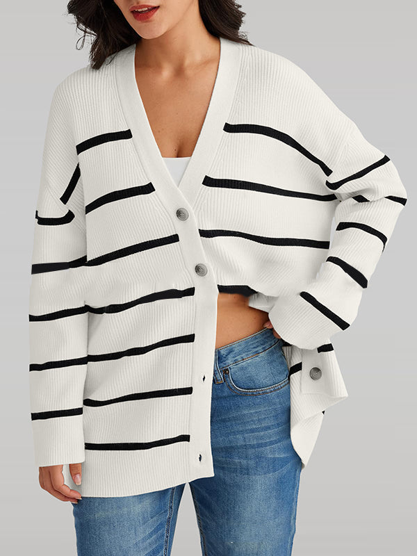 flowersverse Split-Joint Striped Long Sleeves Loose V-Neck Cardigan Tops