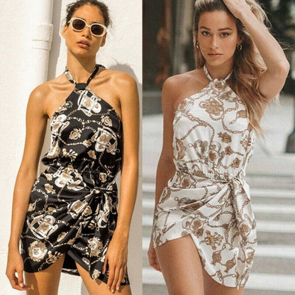 flowersverse Floral Backless Mini Dress Women Ladies Sleeveless High Waist Evening Party Summer Dress Fashion Slit Print Dress Sundress