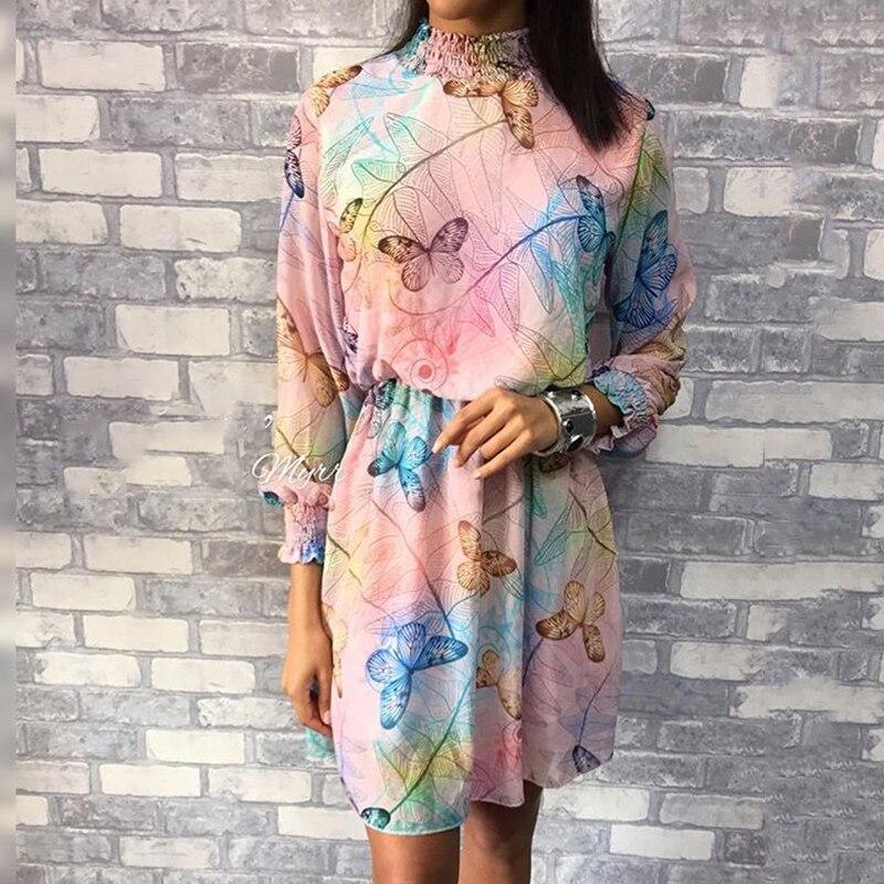 flowersverse Butterfly print chiffon dress Summer long sleeve pleated women dress Casual colorful print short sundress vestidos mujer