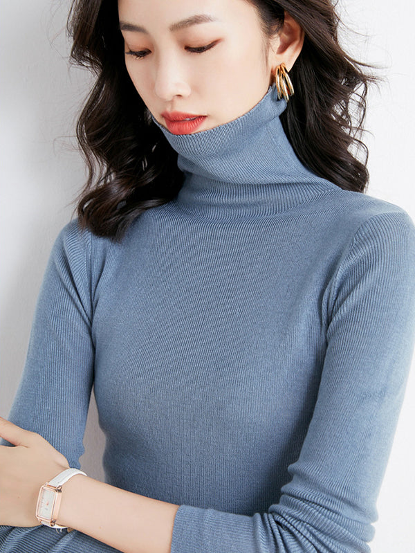 flowersverse Simple Skinny Long Sleeves Solid Color High-Neck Sweater Tops Pullovers