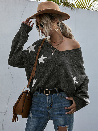 flowersverse Casual Loose Patchwork V-Neck Sweater Top