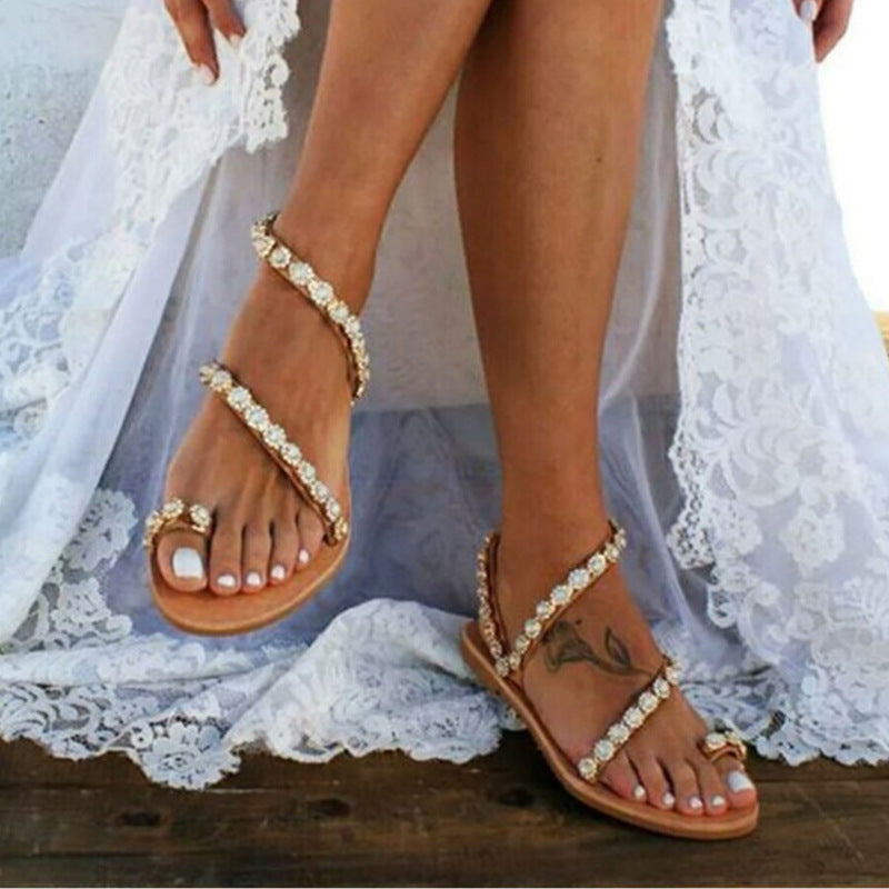 flowersverse Women's Sandals Mules Boho Beach Shoes Rhinestone Lace Beading Flat Slippers