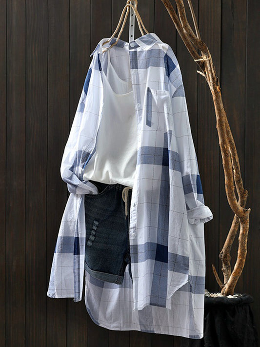 flowersverse Contrast Color Plaid Sun Protection Long Sleeves Loose Lapel Collar Blouses&Shirts Tops