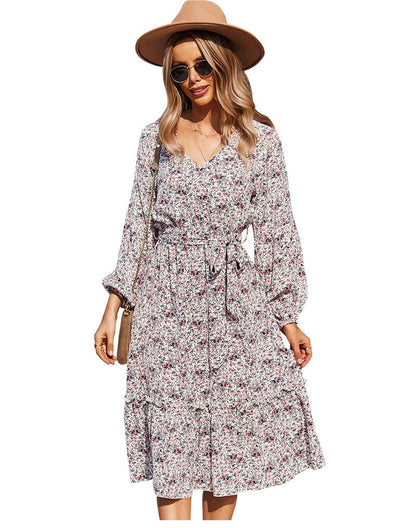 flowersverse Autumn Winter Sexy V Neck Print Dress Women Casual Full Sleeve Bandage Medium Long Floral Dresses High Wasit