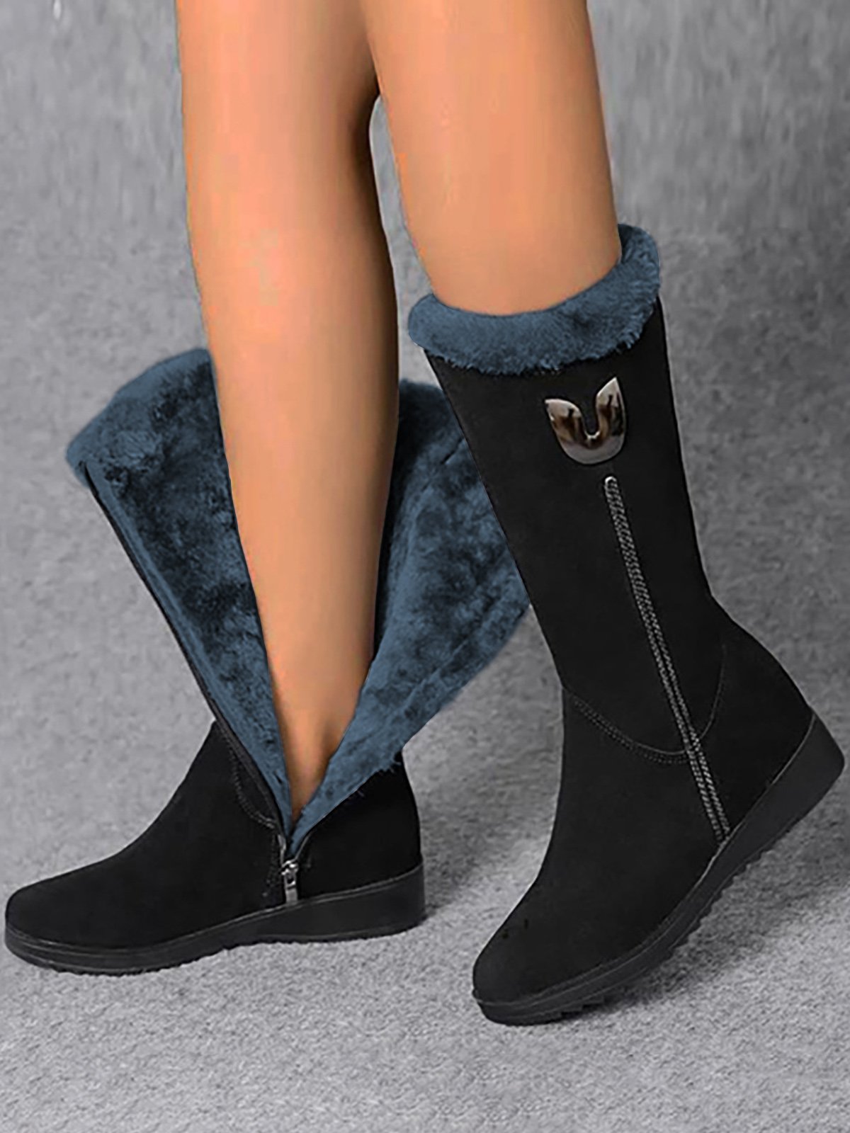 flowersverse Vintage Soft Faux Suede Warm Plush Zip-Up Boots