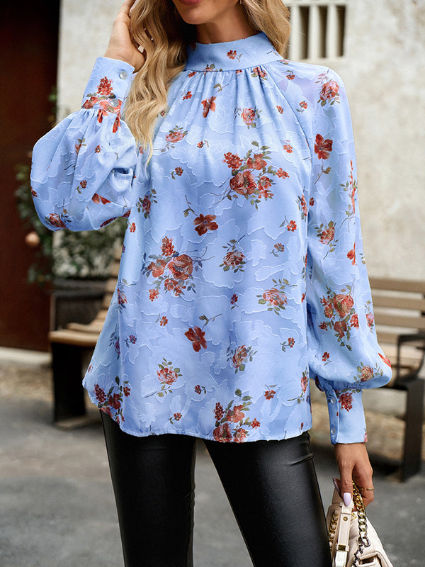 flowersverse Flower Print Tied Long Sleeves Loose Mock Neck Blouses&Shirts Tops