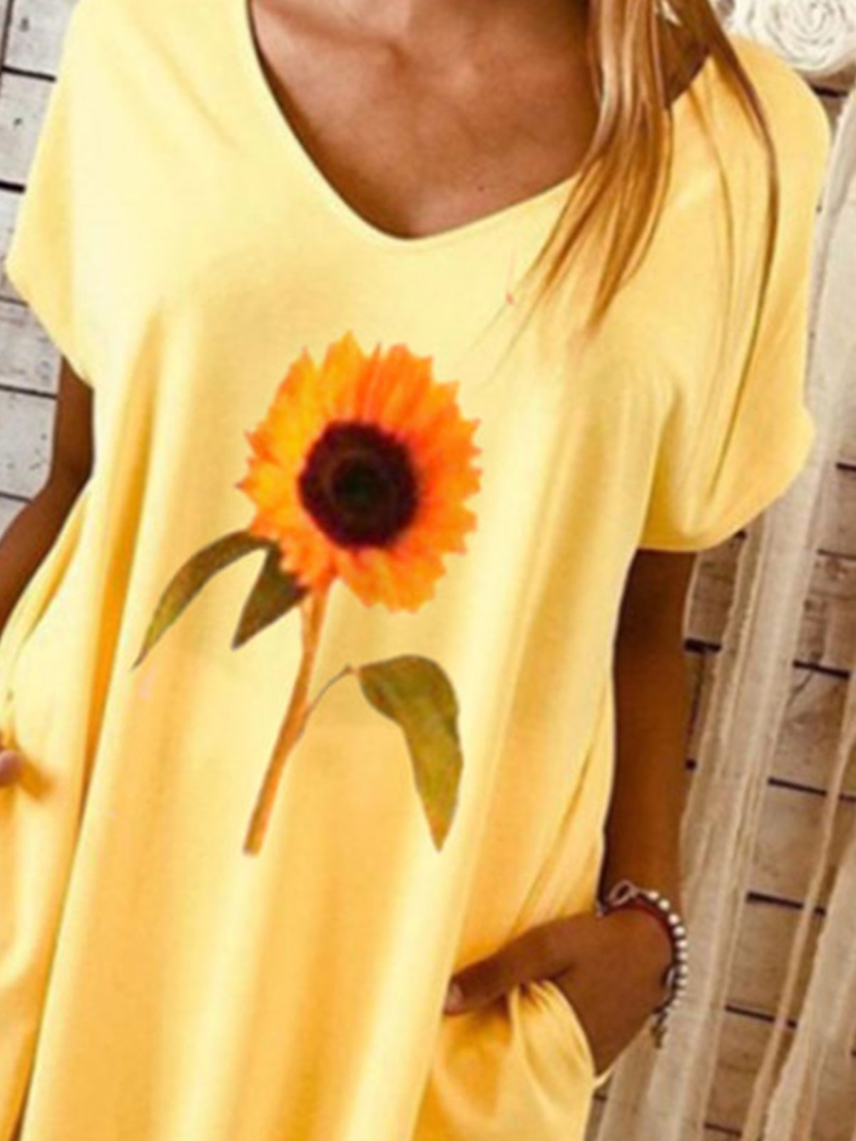 flowersverse Yellow Floral Date Daily Casual V neck A-Line Short Sleeve Knitting Dress