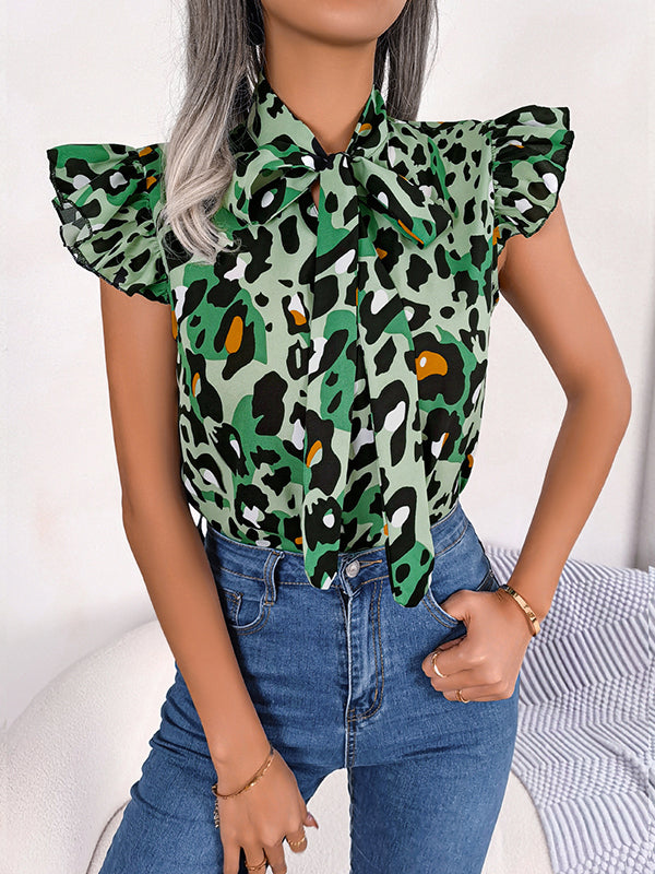 flowersverse Leopard Cap Sleeve Loose Statement Collar Vest Top