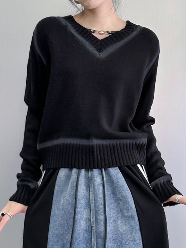 flowersverse Buckle Elasticity Long Sleeves Loose V-Neck Sweater Tops Pullovers Knitwear