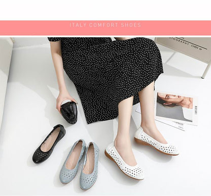 flowersverse Spring Genuine Leather Flat Summer Shoes Women  Casual Hollow Breathable Soft Bottom Ladies Flats Plus Size 35-43