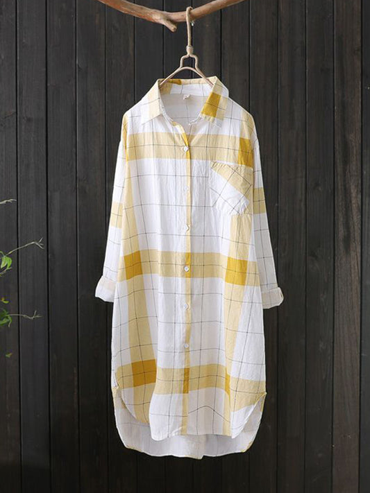 flowersverse Contrast Color Plaid Sun Protection Long Sleeves Loose Lapel Collar Blouses&Shirts Tops