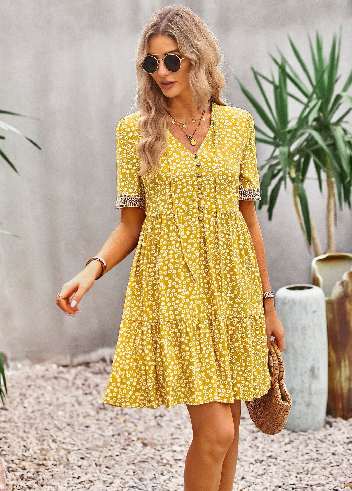 flowersverse Floral Buttoned Puff Sleeve Dress