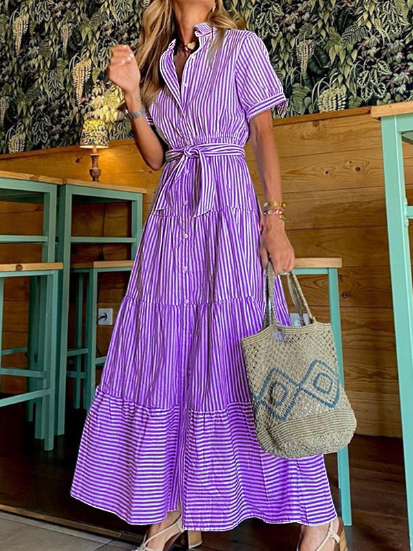 flowersverse Striped Loose Short Sleeves Lapel Maxi Dresses