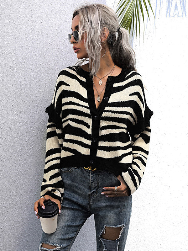 flowersverse Casual Loose Striped Patchwork V-Neck Cardigan Top