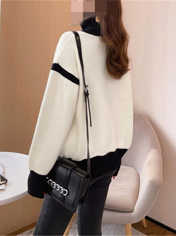 flowersverse Casual Long Sleeves Contrast Color Zipper Stand Collar Cardigan Tops