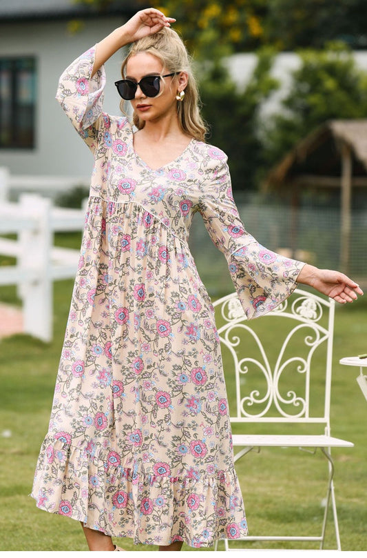 flowersverse Summer Women Casual Loose Large Chiffon Long Sleeve V Neck Floral Printed Mediumn Long Dress For Fashion