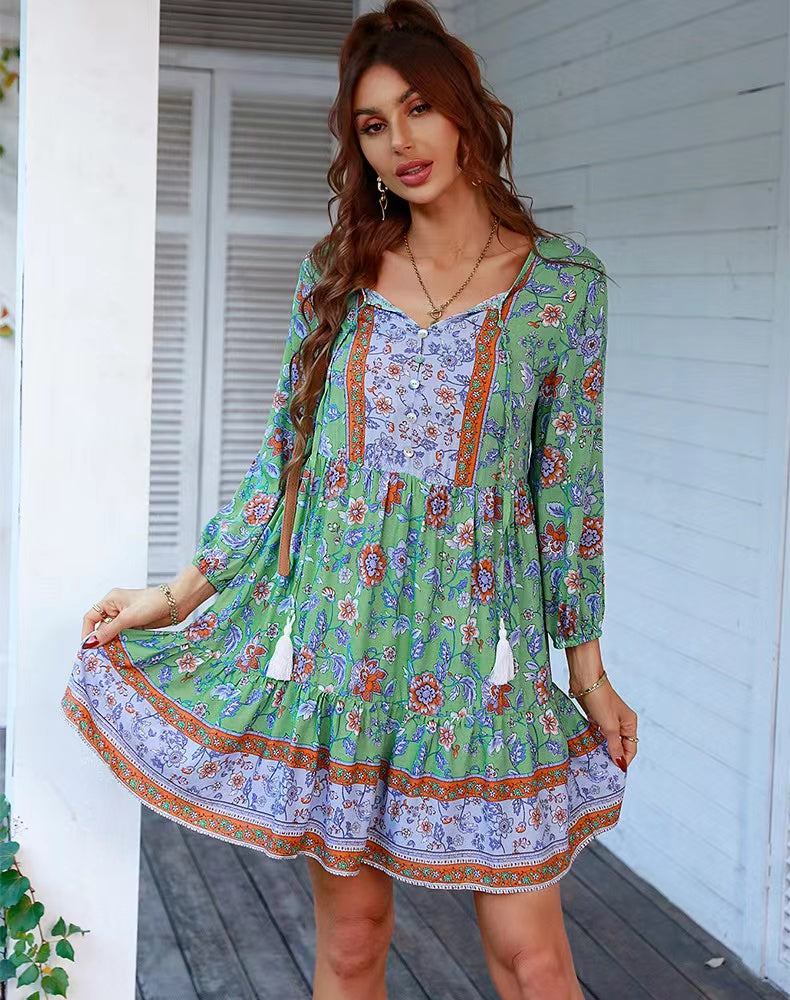 flowersverse V-neck Printed Casual Bohemian Short Dress