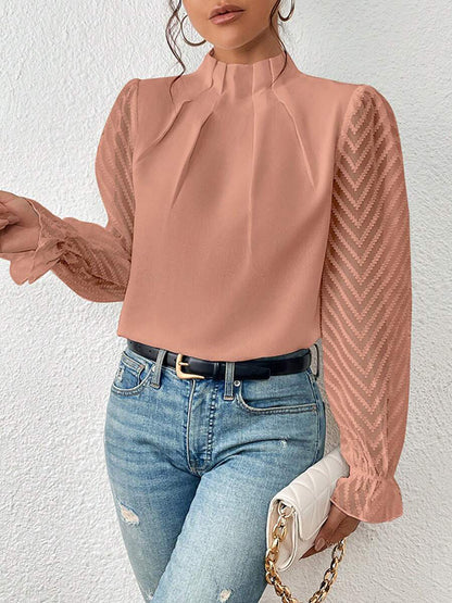 flowersverse Elasticity Mesh Pleated Solid Color Long Sleeves Loose Mock Neck Blouses&Shirts Tops