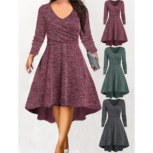 flowersverse Women's Plus Size Casual Dress A Line Dress Solid Color Midi Dress Long Sleeve Ruched V Neck Basic Daily Wine Green Fall Spring L XL XXL 3XL