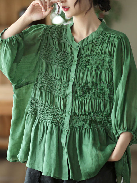 flowersverse Pleated Solid Color Split-Joint Loose Three-Quarter Sleeves Stand Collar Blouses&Shirts Tops