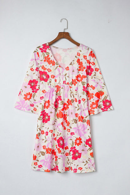 flowersverse Orange V Neck 3/4 Sleeve Floral Dress