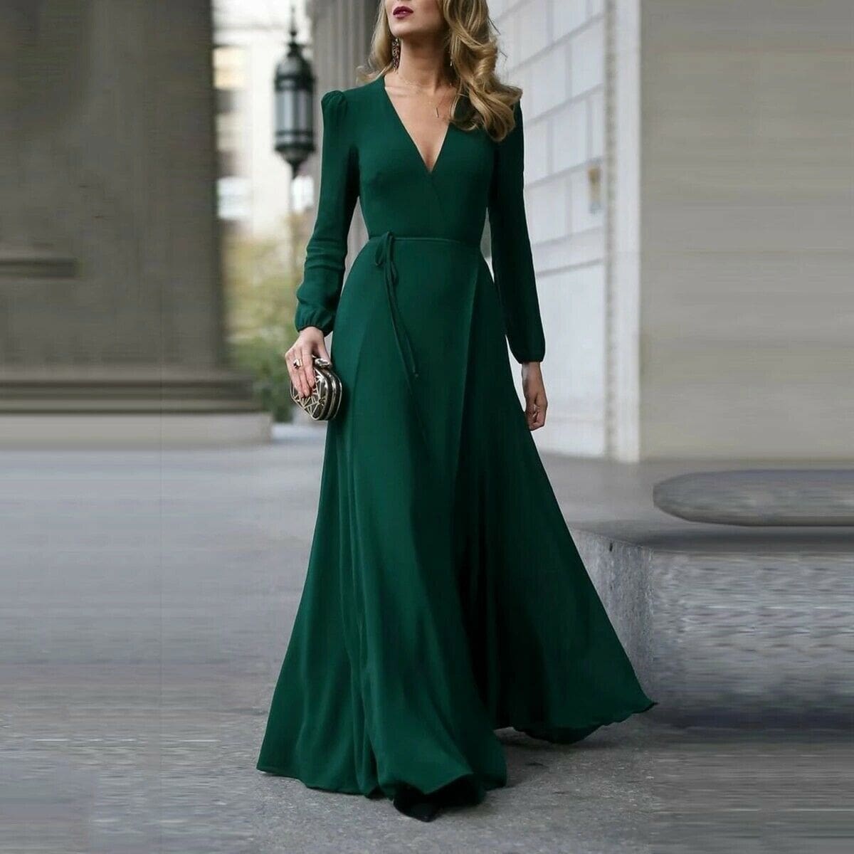 flowersverse Vintage Formal Dress Women Lady V Neck Long Sleeve Maxi Dress Autumn Winter Evening Party Wedding Prom Gown Dress