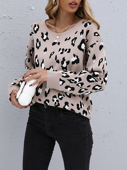 flowersverse Casual Loose Leopard Round-Neck Sweater Top