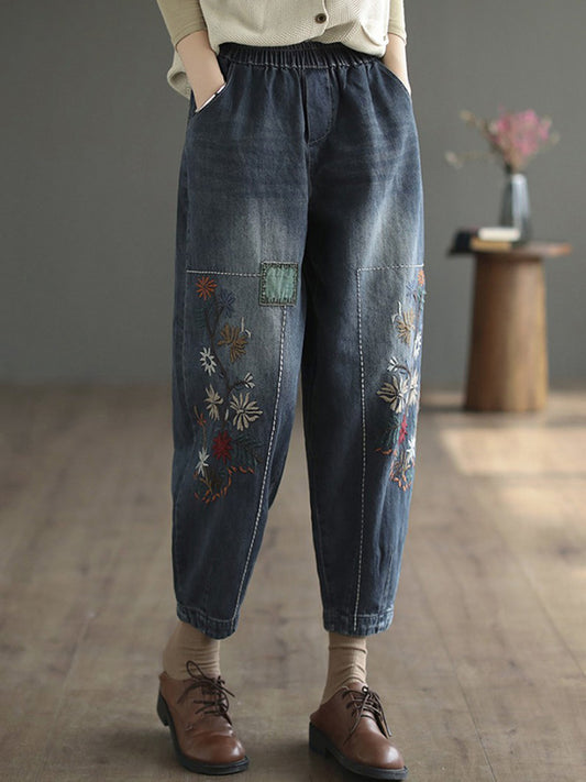 flowersverse Vintage Loose Embroidered Elasticity Harem Jean Pants Bottoms