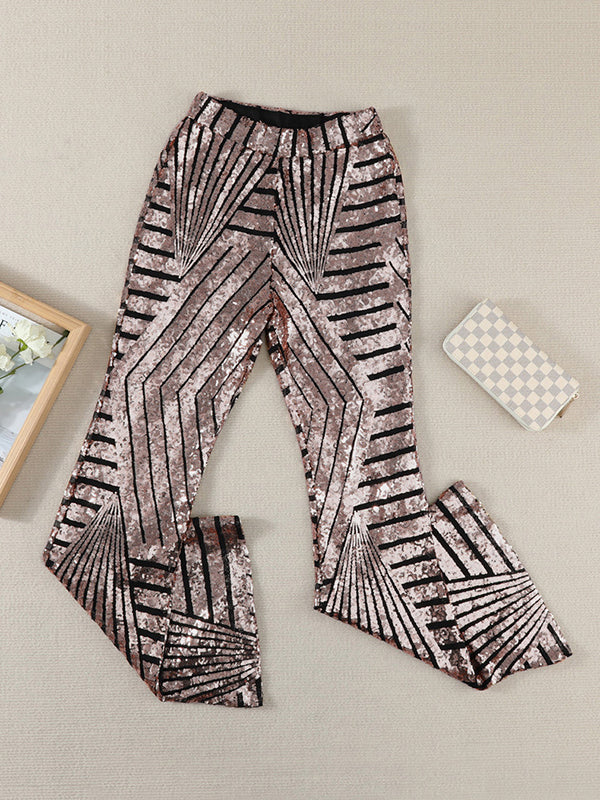 flowersverse Flared Pants High Waisted Contrast Color Striped Sequined Pants