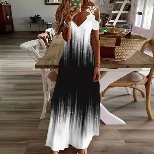 flowersverse Floral Loose V Neck Casual Striped Maxi Dress