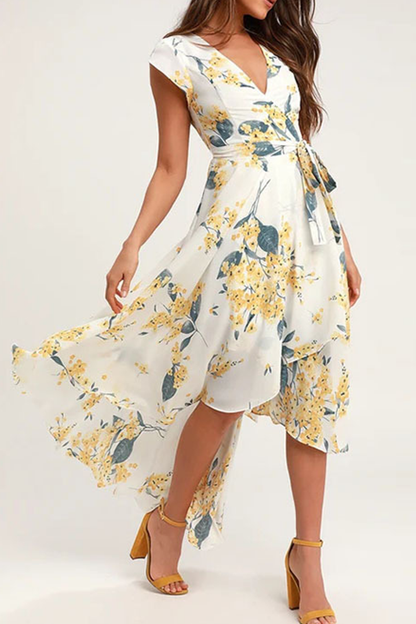 flowersverse Elegant Floral Frenulum With Belt Irregular Dress Dresses