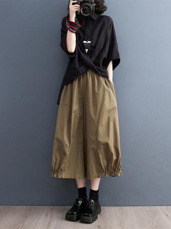 flowersverse Solid Color Split-Joint Ninth Pants Wide Leg Casual Pants Bottoms