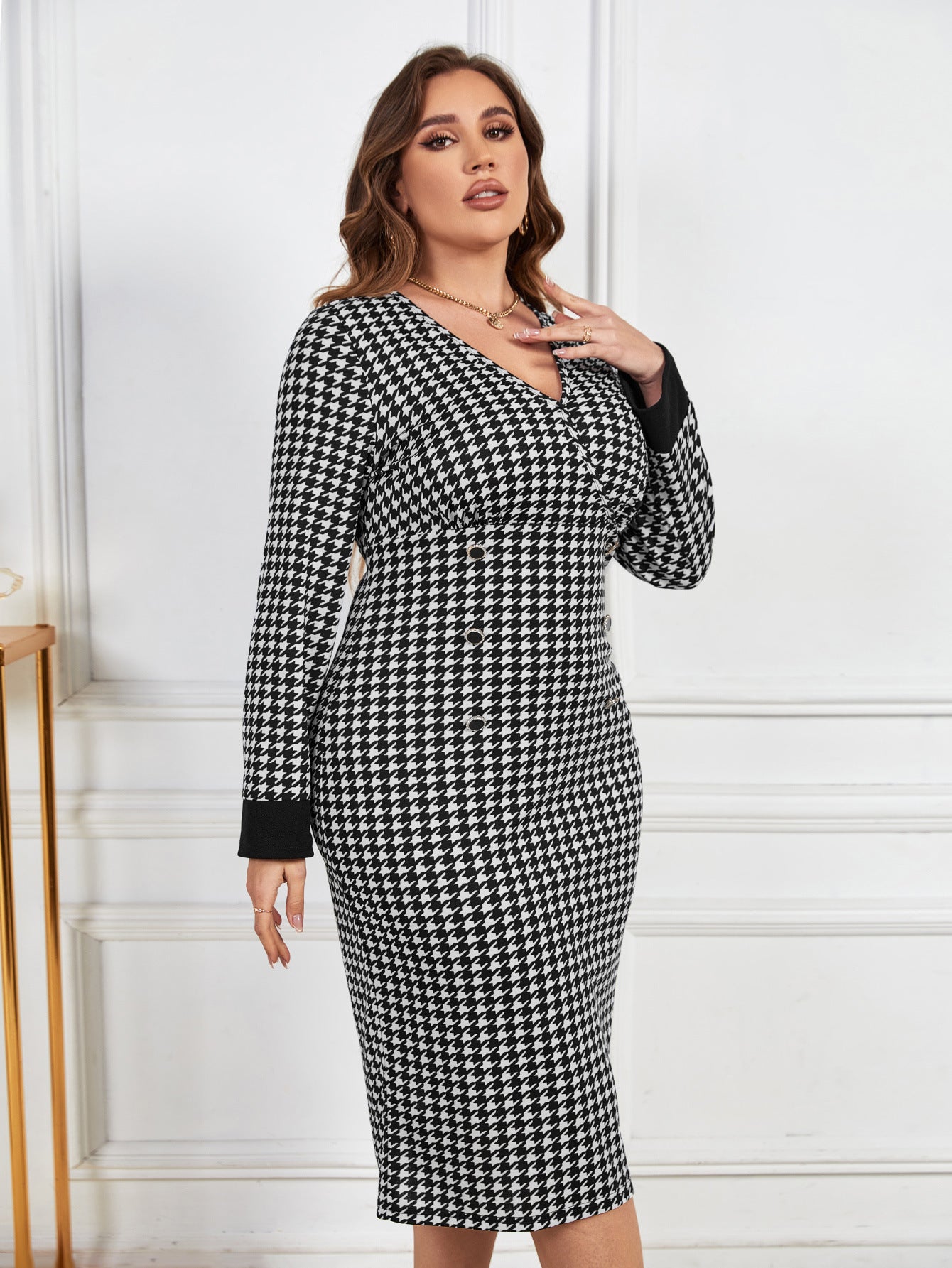 flowersverse Chic Casual V-Neck Houndstooth Contrasting Color Long-Sleeved Women's Dress