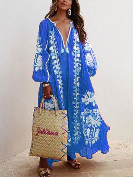 flowersverse Women Printed Boho Casual Dress V Neck Holiday Maxi Dress