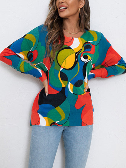 flowersverse Contrast Color Printed Long Sleeves Loose Round-Neck Sweater Tops Pullovers Knitwear