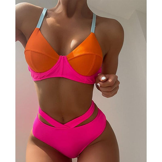 flowersverse Women's Swimwear Bikini Normal Swimsuit 2 Piece Printing Color Block Orange Bathing Suits Sports Summer