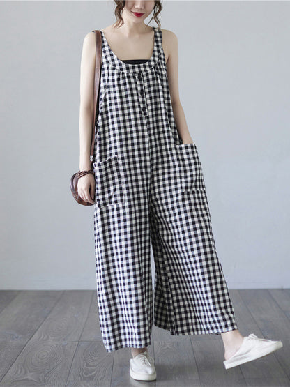 flowersverse Original Simple Casual Artistic Retro Plaid Wide Legs Jumpsuits