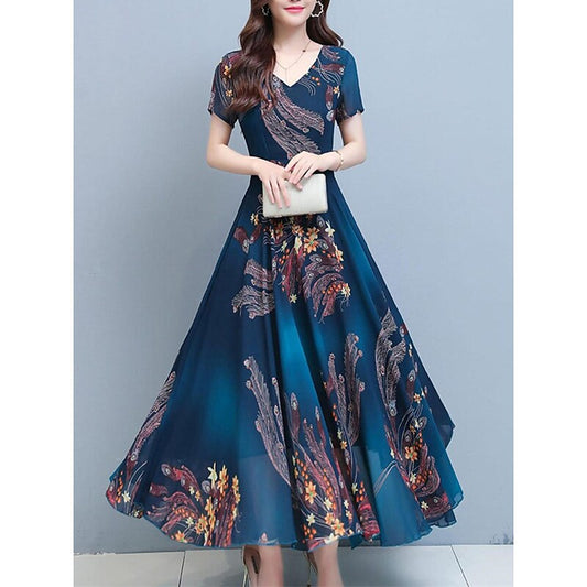 flowersverse Women's Casual Dress Swing Dress Print Dress Floral Print V Neck Midi Dress Active Fashion Outdoor Daily Short Sleeve Regular Fit Red Blue Spring Summer M L XL XXL 3XL