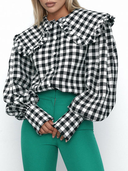 flowersverse Plaid Long Sleeves Loose Peter Pan Collar Blouses&Shirts Tops