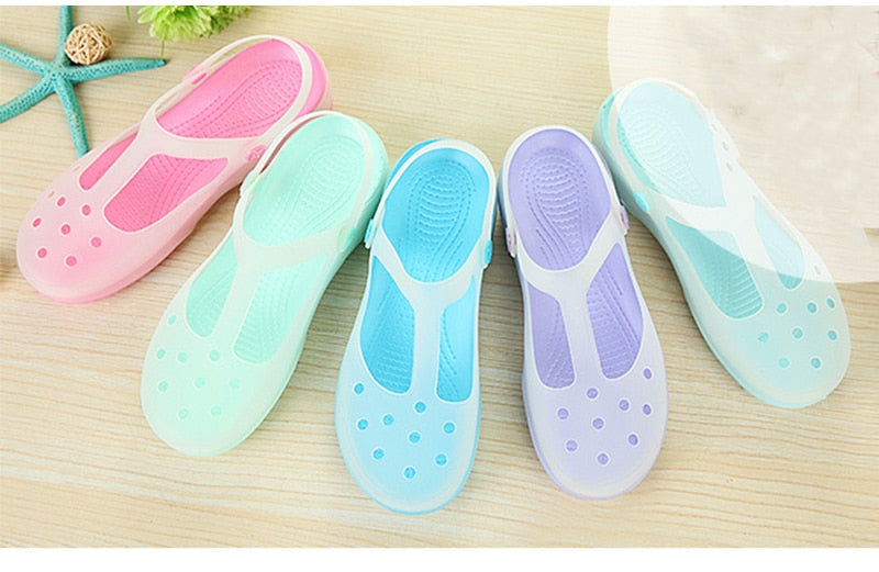 flowersverse Summer Women Sandals Jelly Flat Shoes Waterproof Female Ankle Buckle Slippers Soft Light Slides Comfortable Beach Shoes