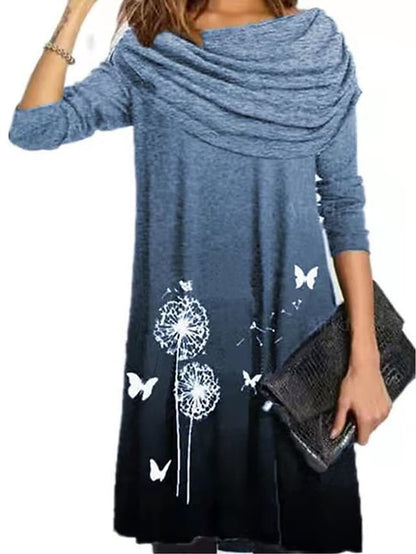 flowersverse Women's Casual Dress Shift Dress Print Dress Floral Butterfly Print Cowl Neck Mini Dress Active Fashion Outdoor Daily Long Sleeve Loose Fit Light Purple Light Blue Gray Fall Spring S M L XL XXL