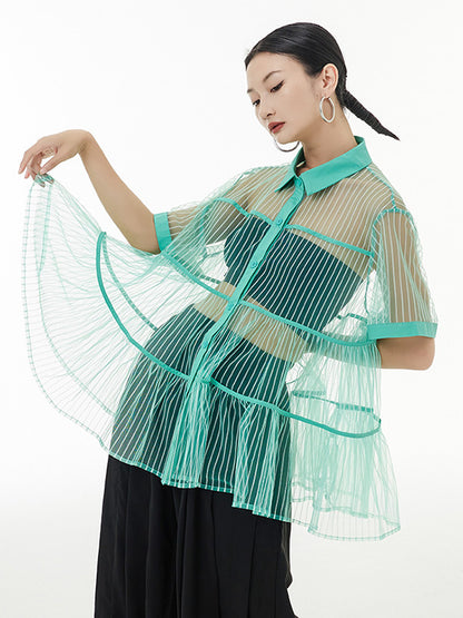 flowersverse Original Short Sleeves Loose Buttoned Mesh Pleated Solid Color Blouses&Shirts Tops