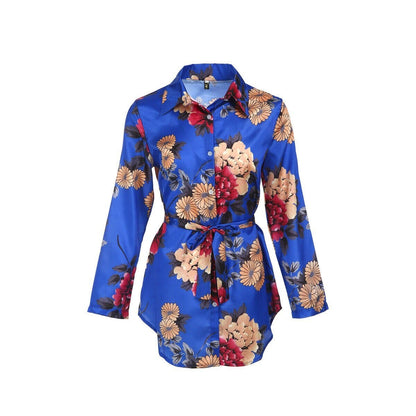 flowersverse Women Silk Satin Shirt Dress Print Floral Loose Short Party Mini Dress