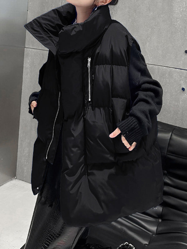 flowersverse Pockets Quilted Solid Color Velvet Zipper Loose Sleeveless Stand Collar Vest Outerwear Padded Coat