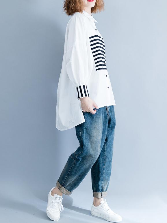 flowersverse Stripe Split-joint White Shirt