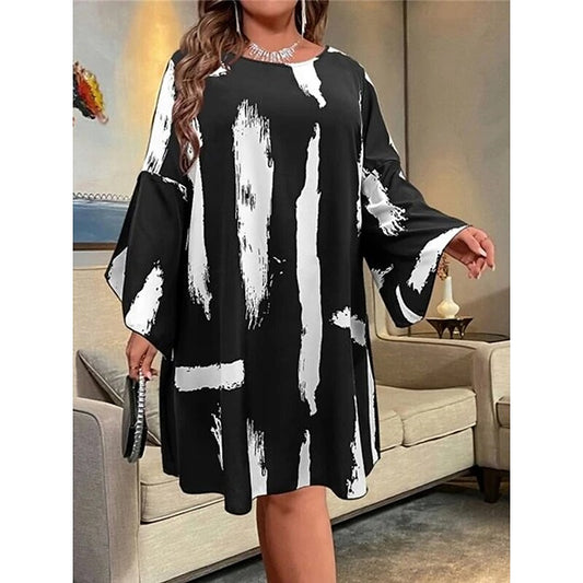 flowersverse Women's Plus Size Casual Dress Shift Dress Color Block Midi Dress Long Sleeve Print Crew Neck Fashion Daily Black Spring Fall L XL XXL 3XL 4XL